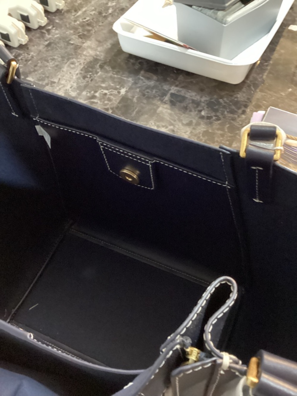 Tory Burch Navy and Cream Logo Drawstring Tote - Picture 6 of 8